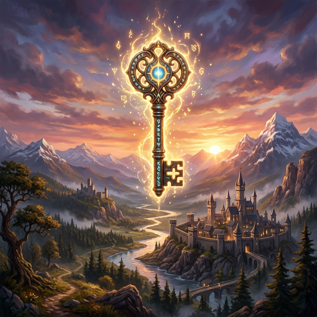 A glowing magical key hovers above a river valley with a large castle surrounded by mountains at sunset.