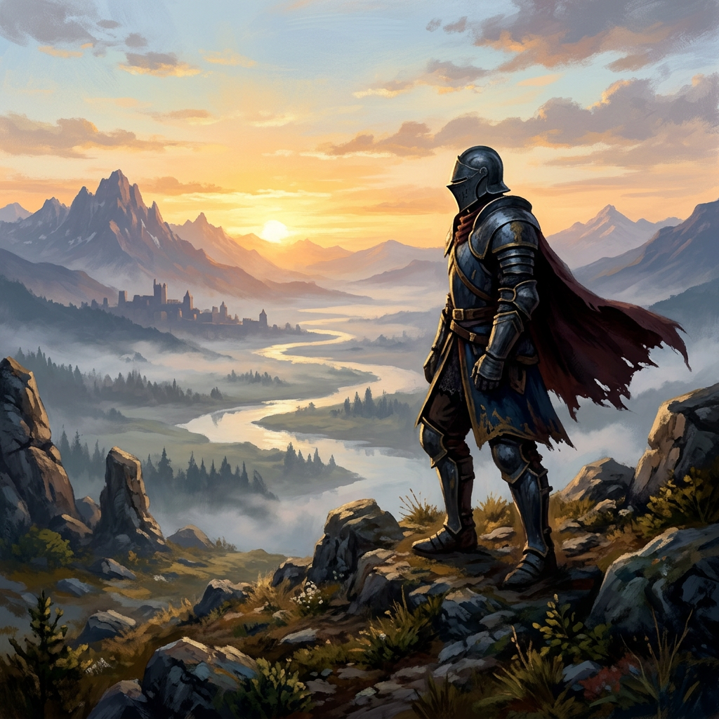 Armored figure on hill at dawn overlooking valley