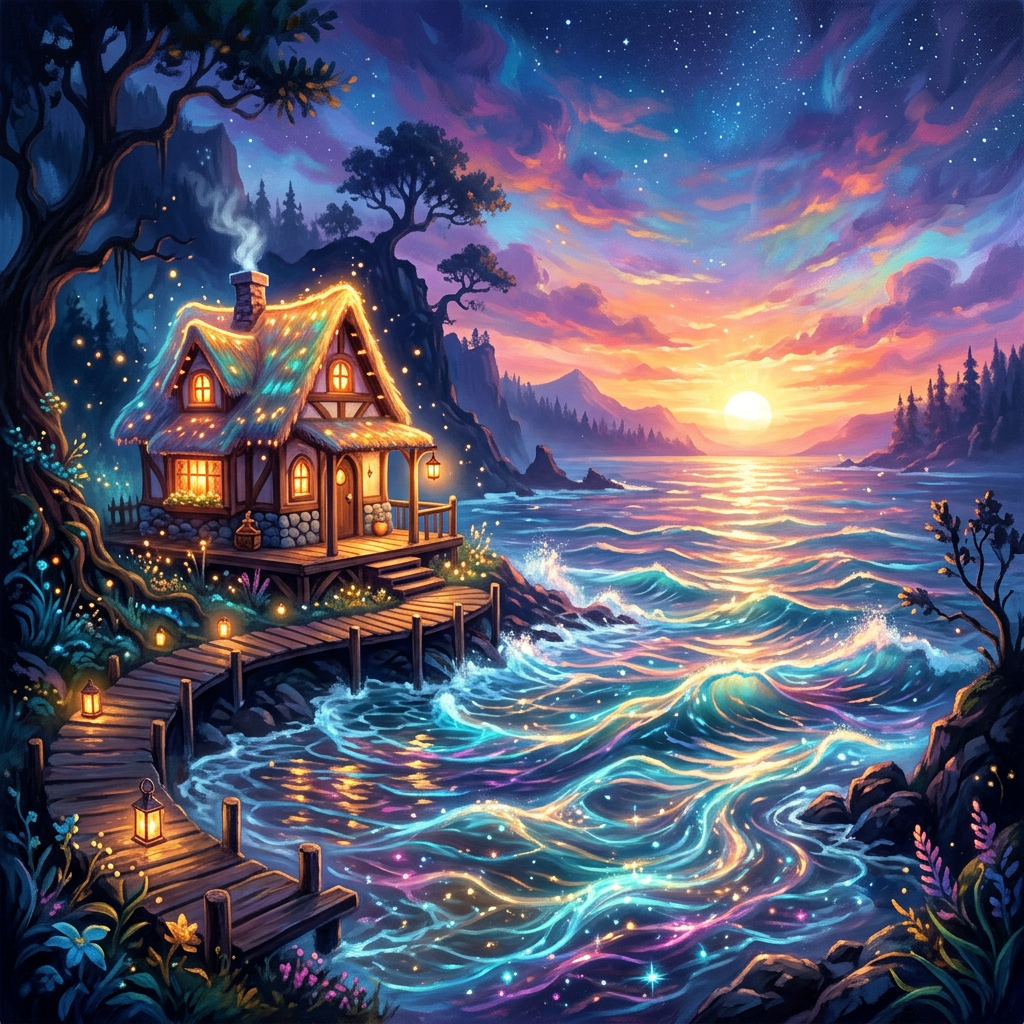 Cottage glowing warmly on a wooden pier beside a sparkling ocean with colorful waves under a vibrant sunset