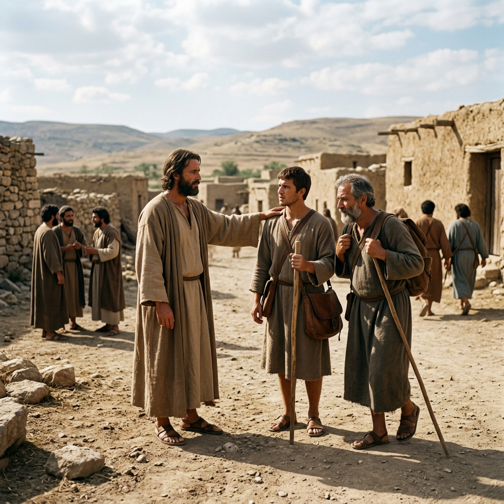Three men dressed in traditional biblical robes standing and talking in a dusty village street.
