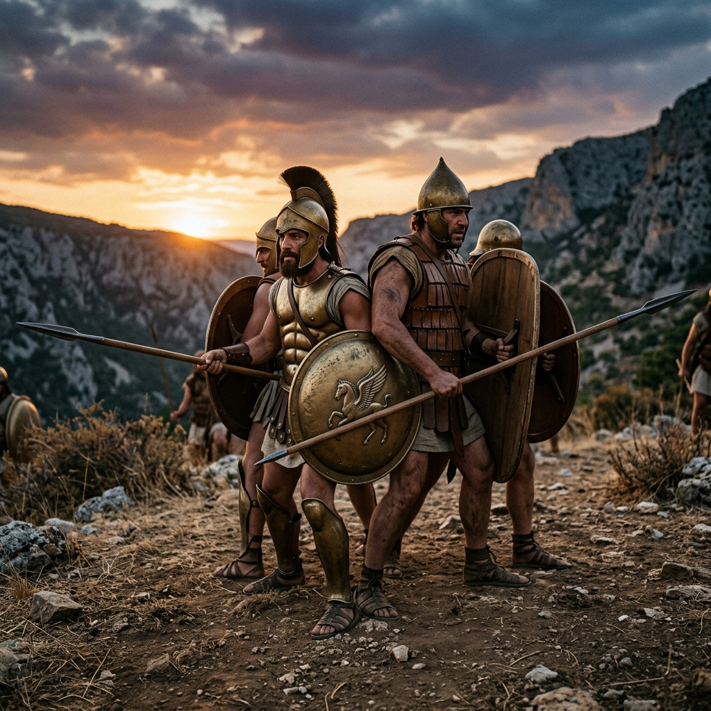 Four ancient warriors in bronze armor holding shields and spears on a rocky terrain at sunset