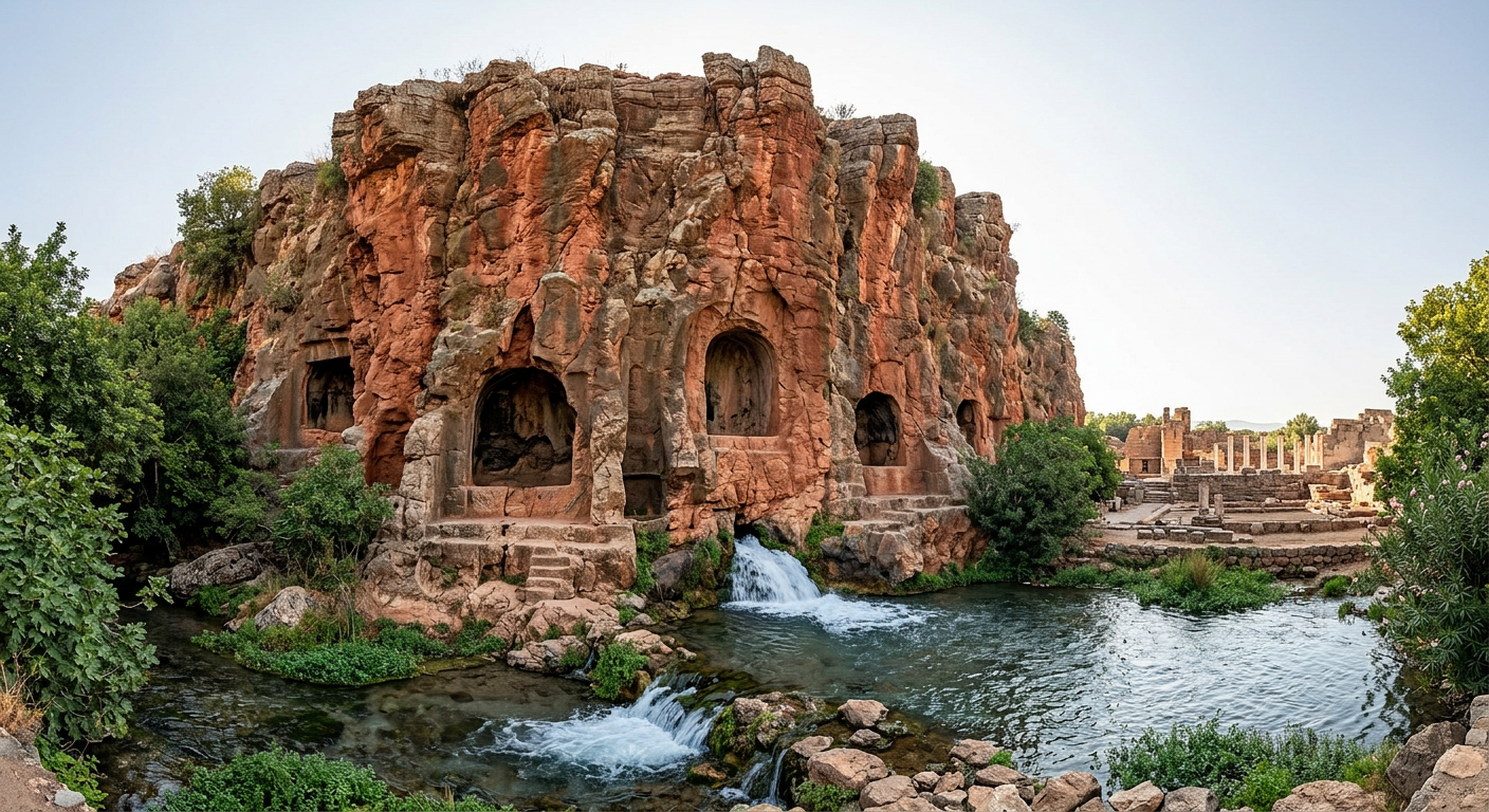 Rock caves carved into cliffs beside a small waterfall and stream with ruins nearby
