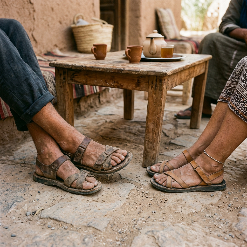 Two pairs of dusty feet wearing sandals near a wooden table with tea cups and a teapot on a stone and dirt floor.