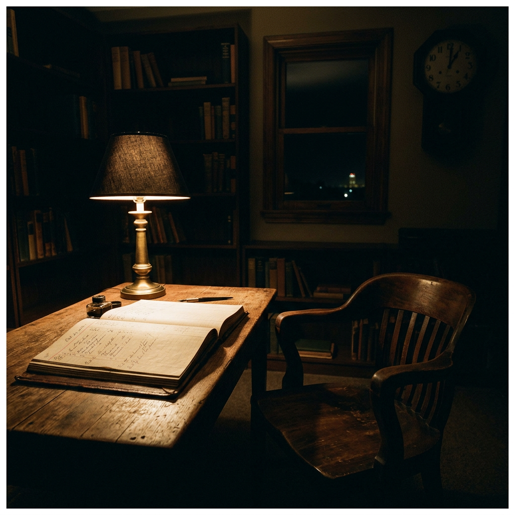 Wooden desk with open book, ink bottle, pen, and lit lamp in a dark study room