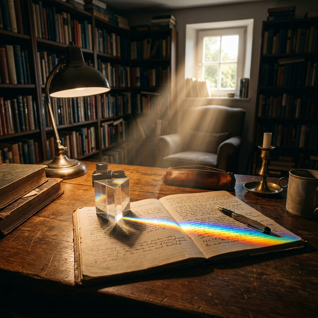 Open journal illuminated by a rainbow caused by light passing through a glass prism on a wooden desk