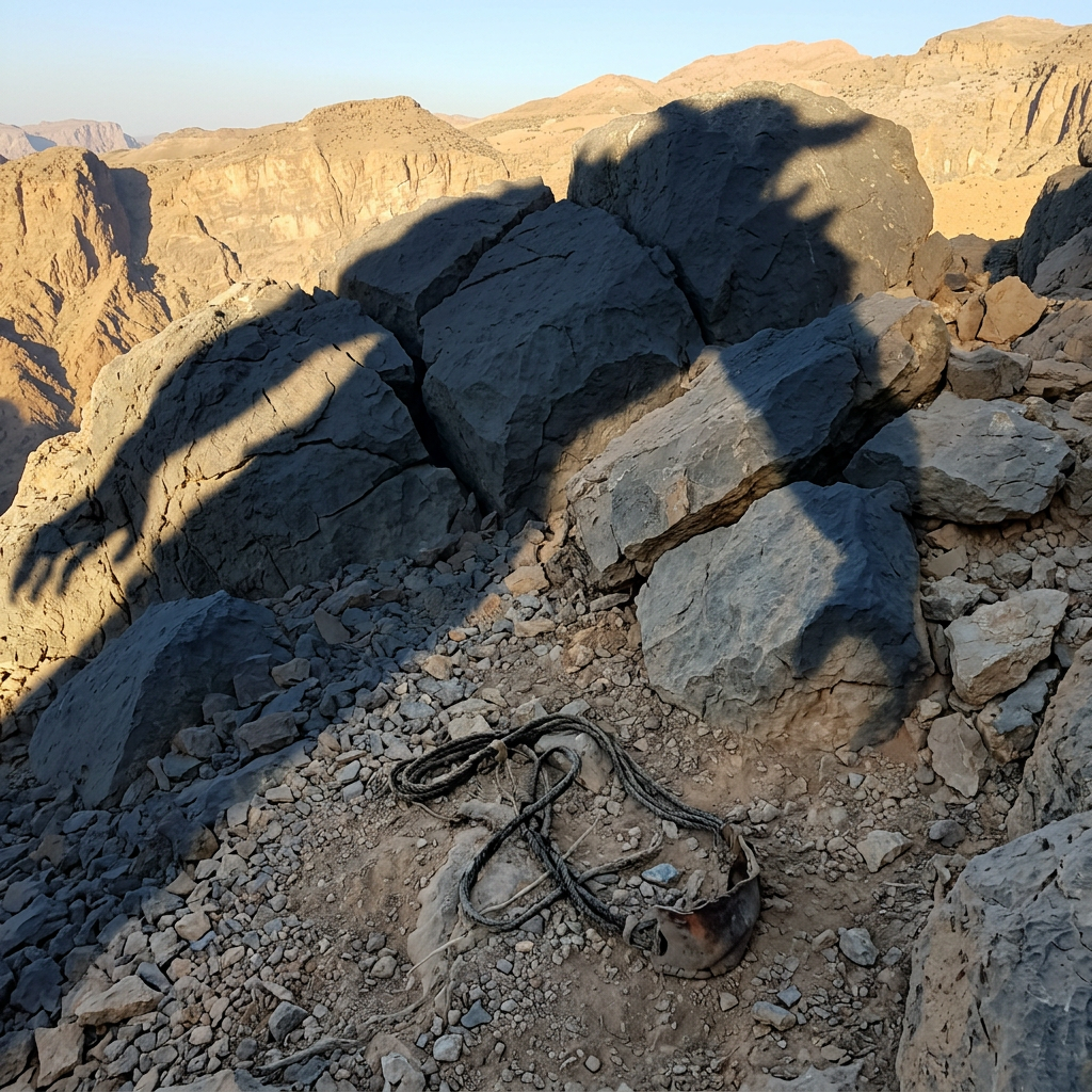 Shadow on rocks resembling a figure with large wings and outstretched arm