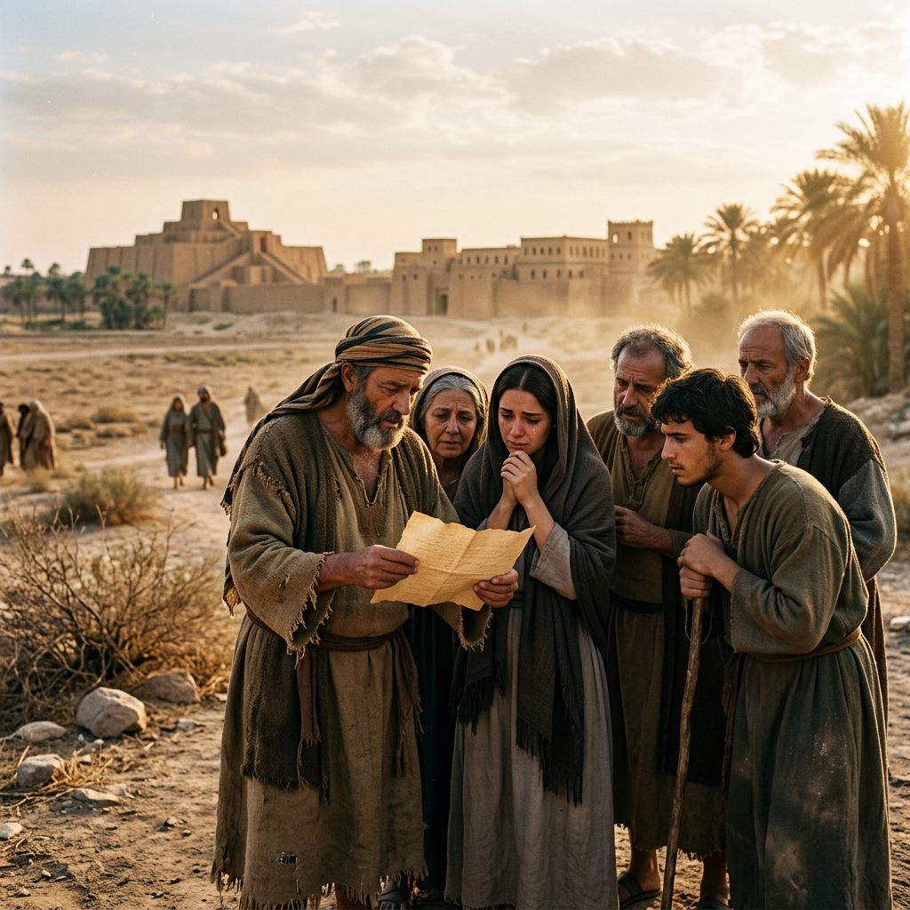 Group of ancient-dressed people intently reading a letter outdoors
