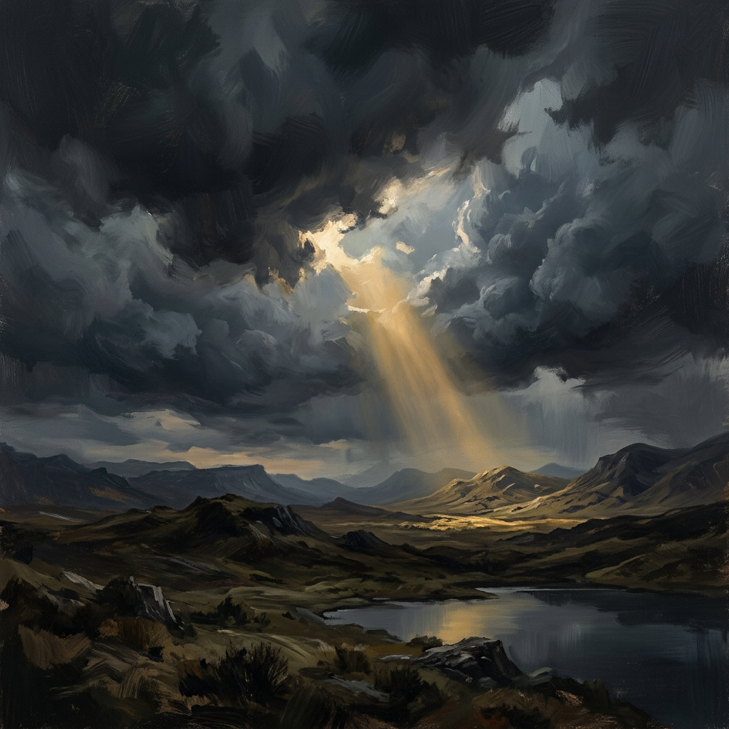 Golden sunlight streaming through storm clouds over mountains and a lake
