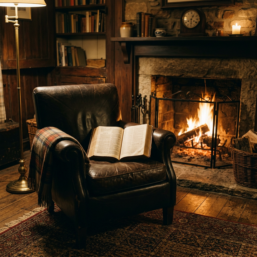 Open book on a leather armchair beside a lit fireplace