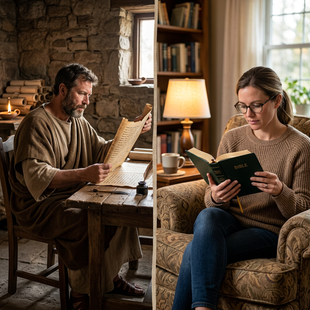 Split scene of a man reading a manuscript and a woman reading a Bible