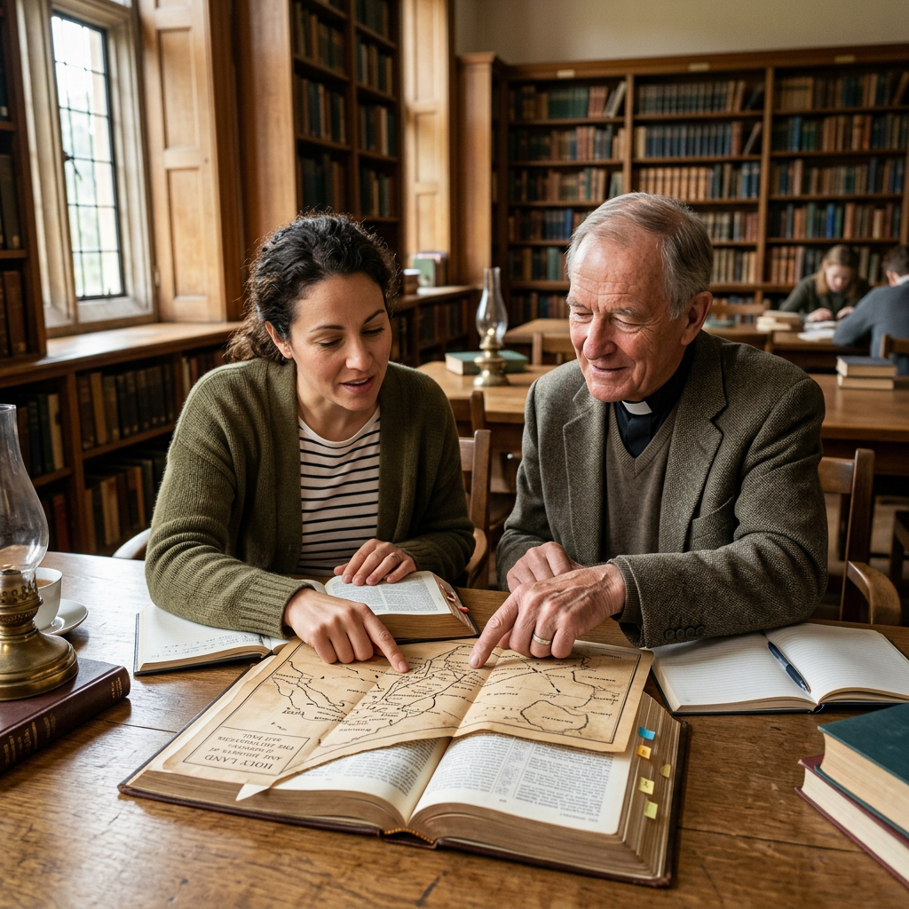 Two people studying a historic map and open books in a library