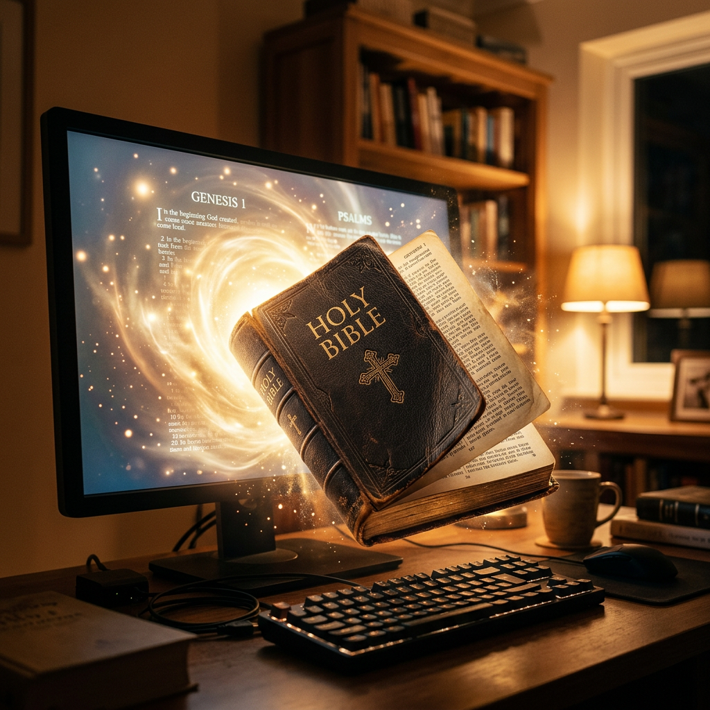 Floating Holy Bible before a glowing monitor displaying Genesis 1 and Psalms