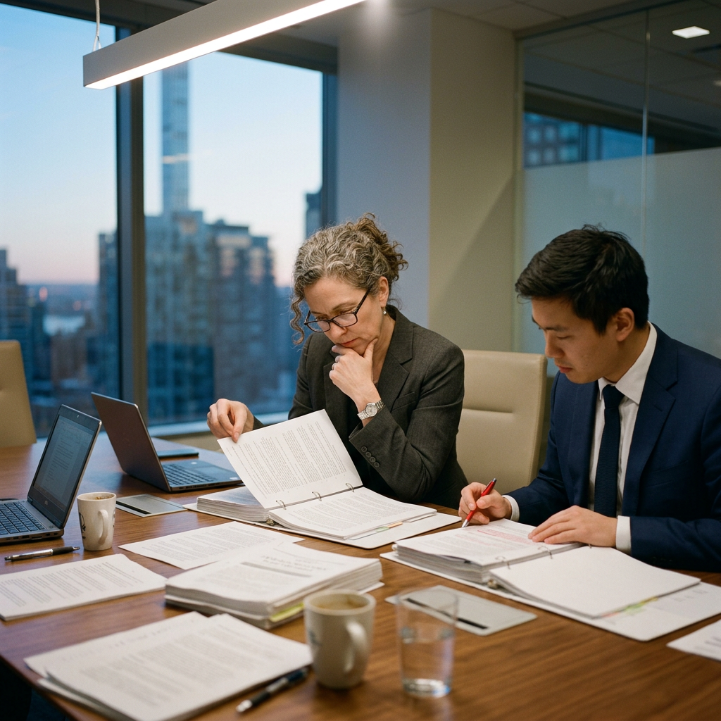 Two professionals reviewing documents at a conference table