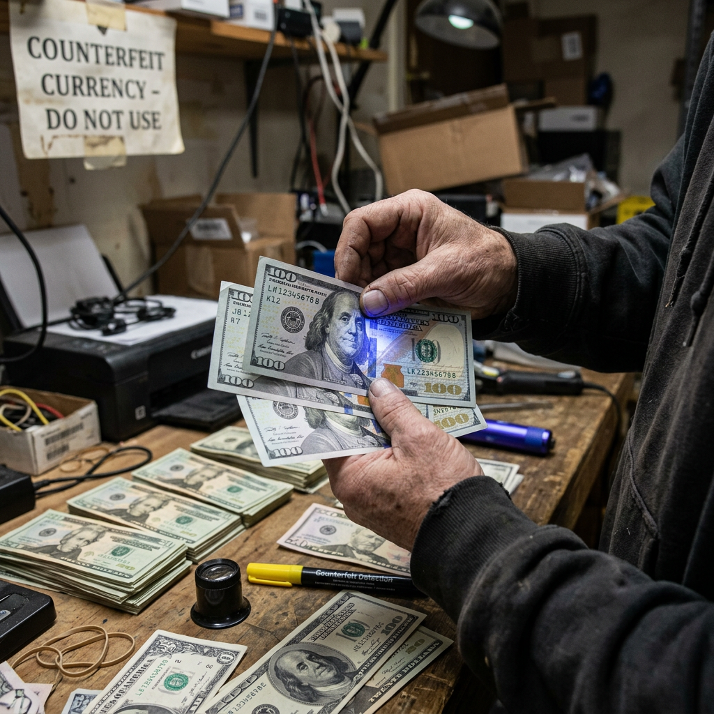 Person inspecting hundred-dollar bills beneath a counterfeit currency warning sign