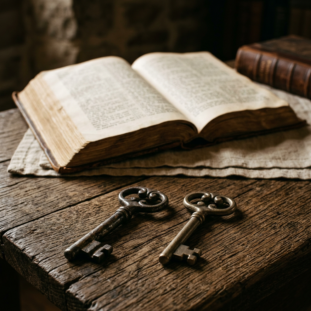 Two antique keys on a wooden table beside an open old book