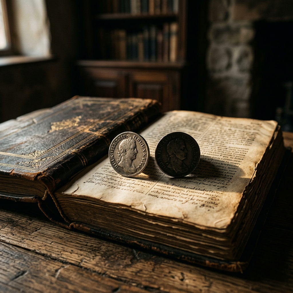 Two antique coins resting on an open old book beside a leather-bound volume