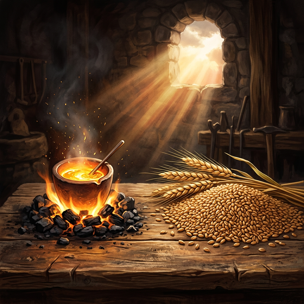 Refined gold beside healthy wheat grain