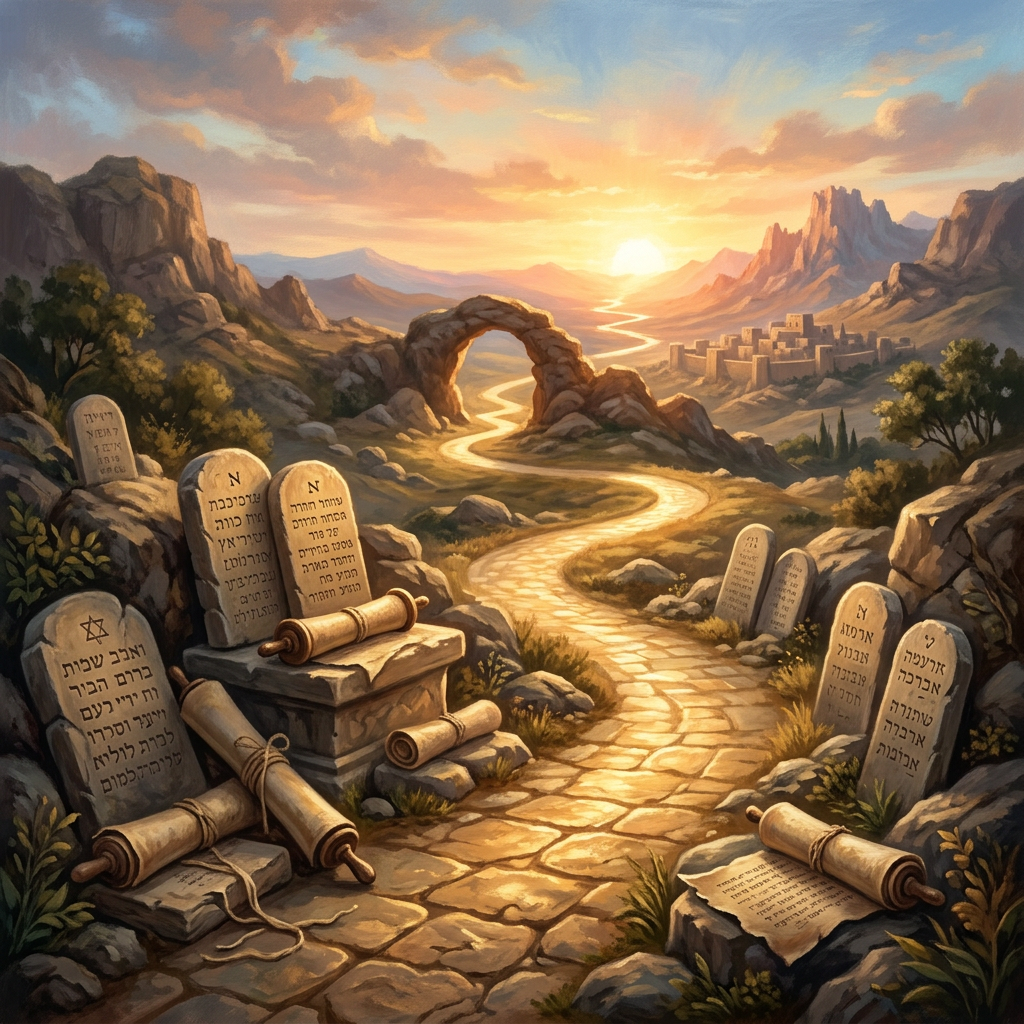 Golden path through mountains with stone tablets and scrolls in foreground