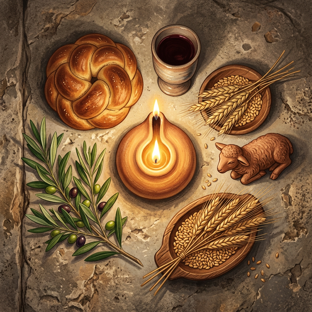 Bread, wine, grain, olives, lamb, and candle arranged on a rustic surface
