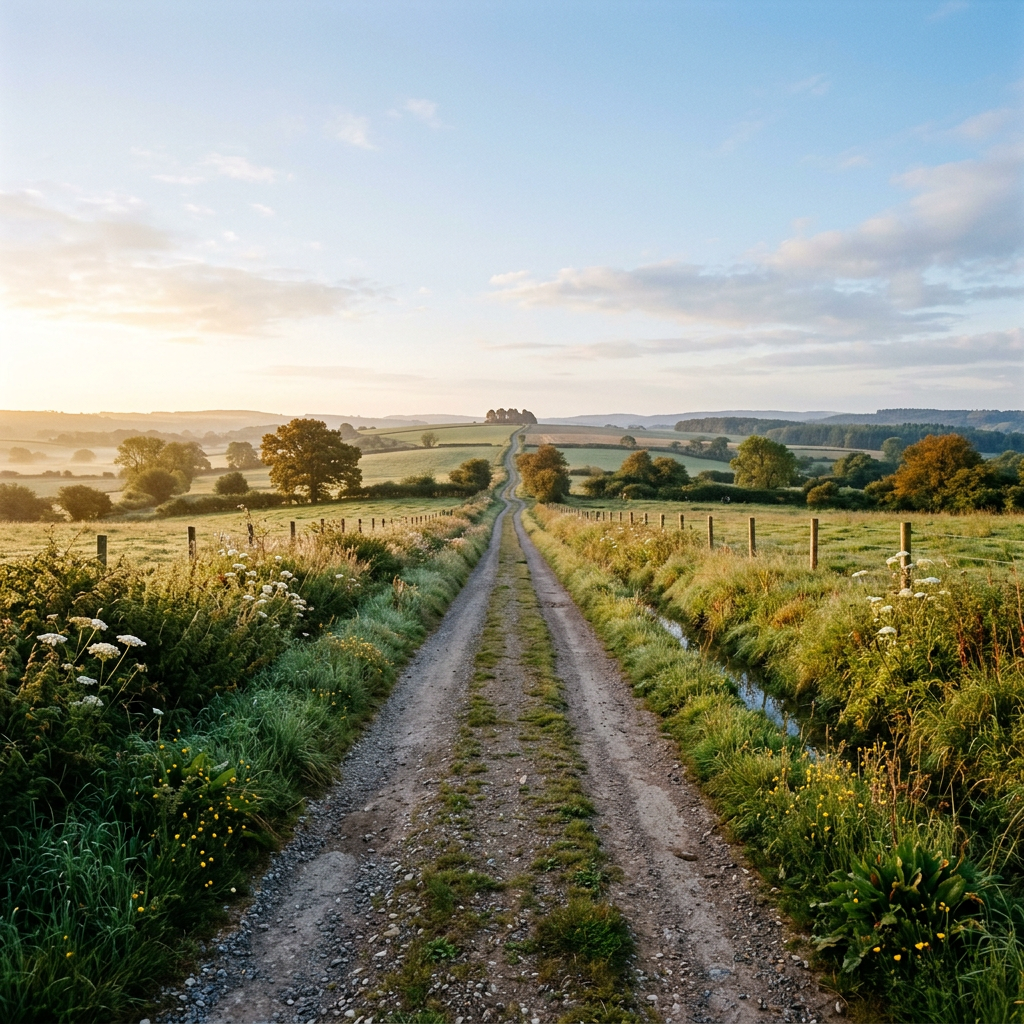 Gravel country lane winding through rolling green fields at sunrise