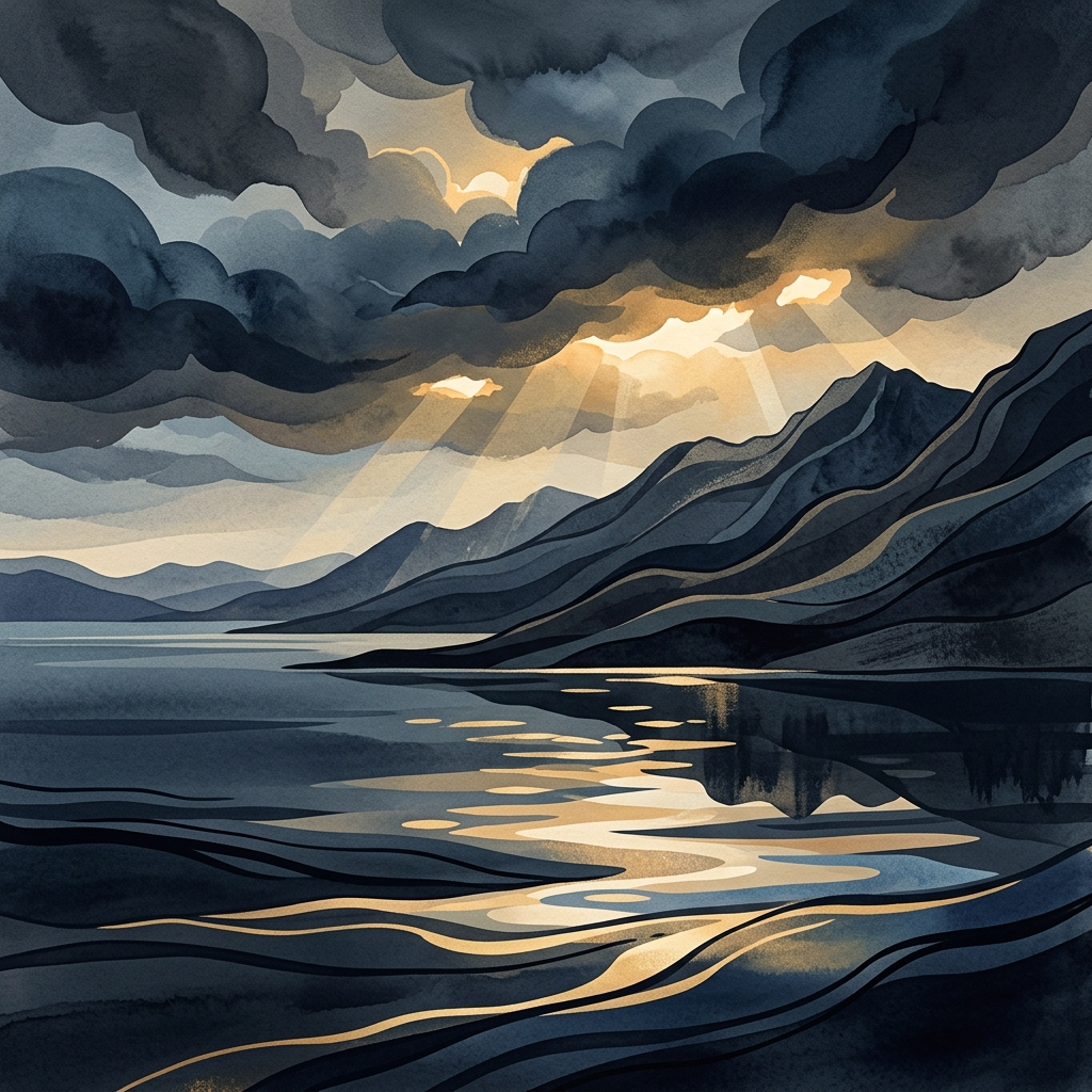 Stylized mountain lake beneath storm clouds with golden sunlight and reflections