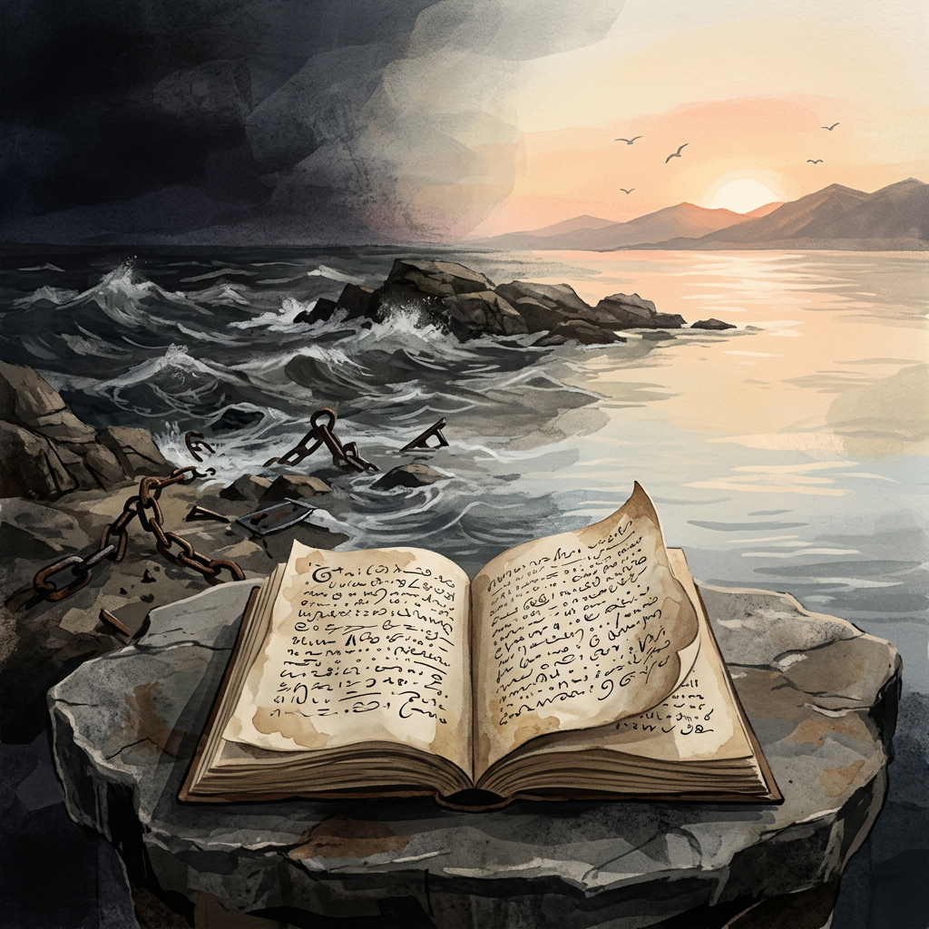 Open handwritten book on coastal rocks beside crashing waves at sunset