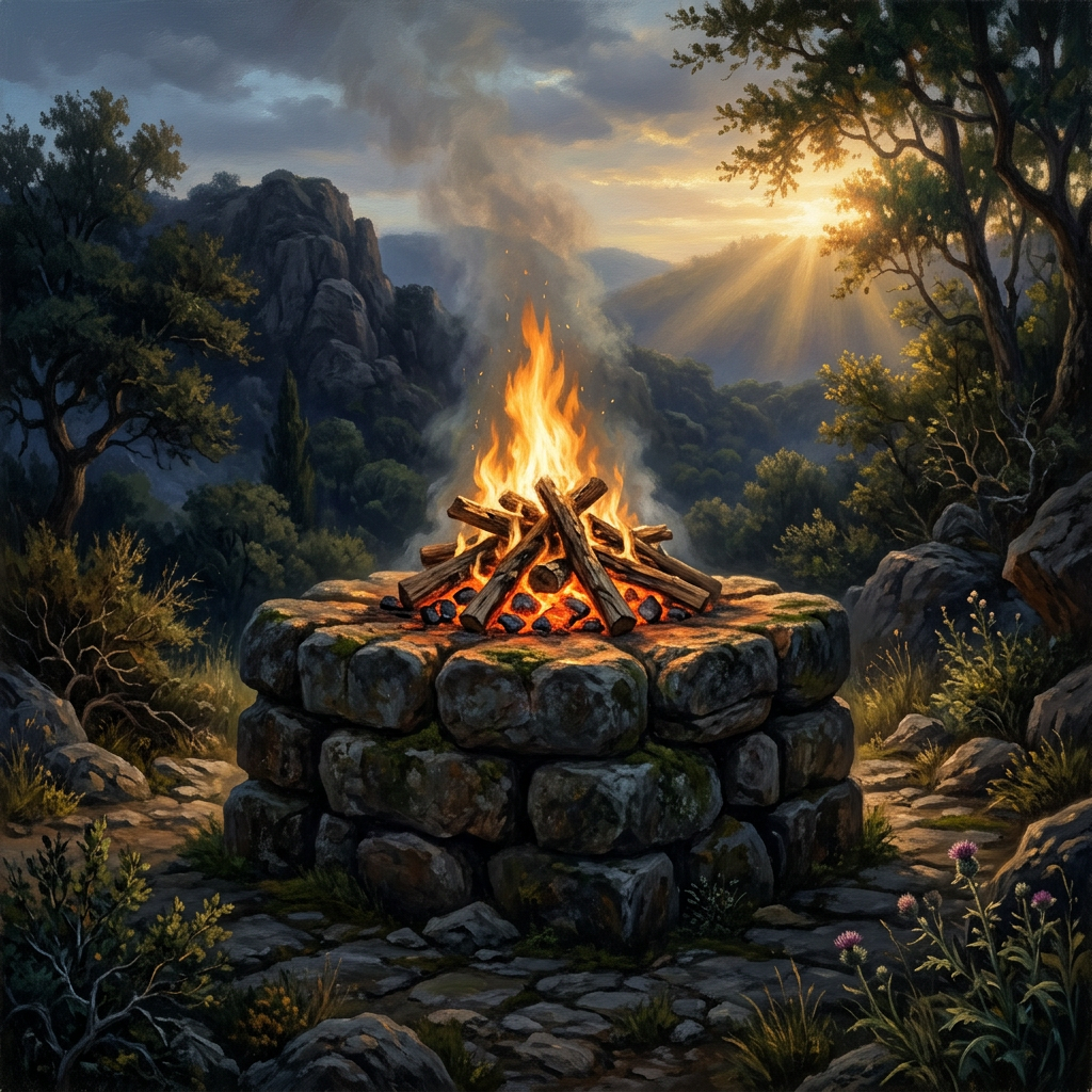 Blazing campfire in a stone ring overlooking a mountain valley